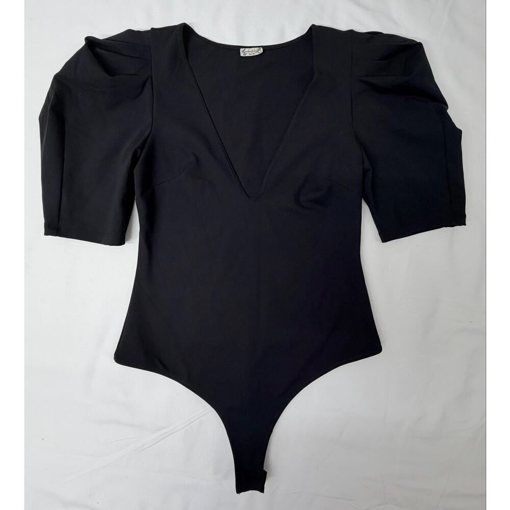 Free People Intimately Black Puff Sleeve Deep V Neck Bodysuit Womens
